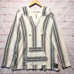 Momentum Hoodie Mens Large White Black Striped Baja Pullover Kangaroo Pocket